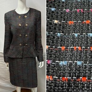 NWT$280 Tahari ASL Women’s 12 Black Coral Multi 2-Piece Peplum Blazer Skirt Suit